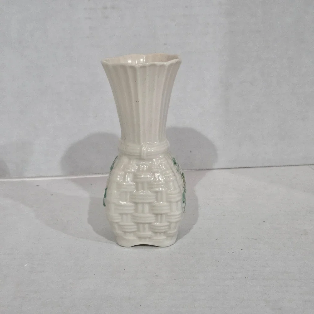 Belleek Ireland Shamrock Basketweave Parian China Bud Vase Blue Mark 4 Inch